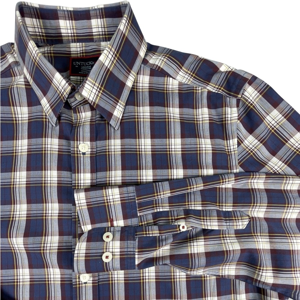 UNTUCKit Button Down Mens Medium Navy Barossa-WF Plaid Wrinkle Free Regular Fit